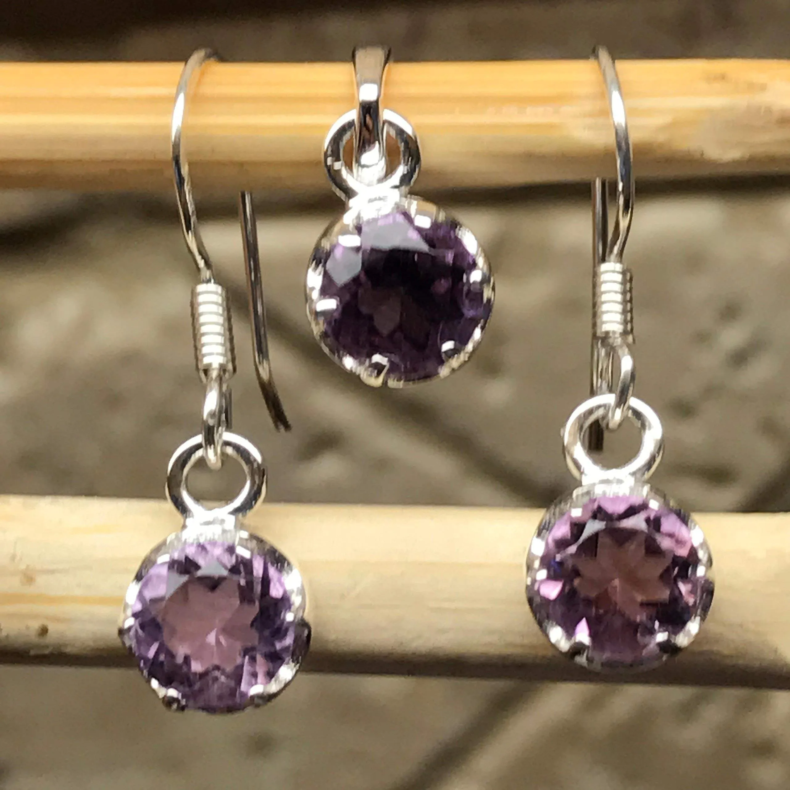 Natural 1.5ct Purple Amethyst 925 Sterling Silver Earrings and Pendant set