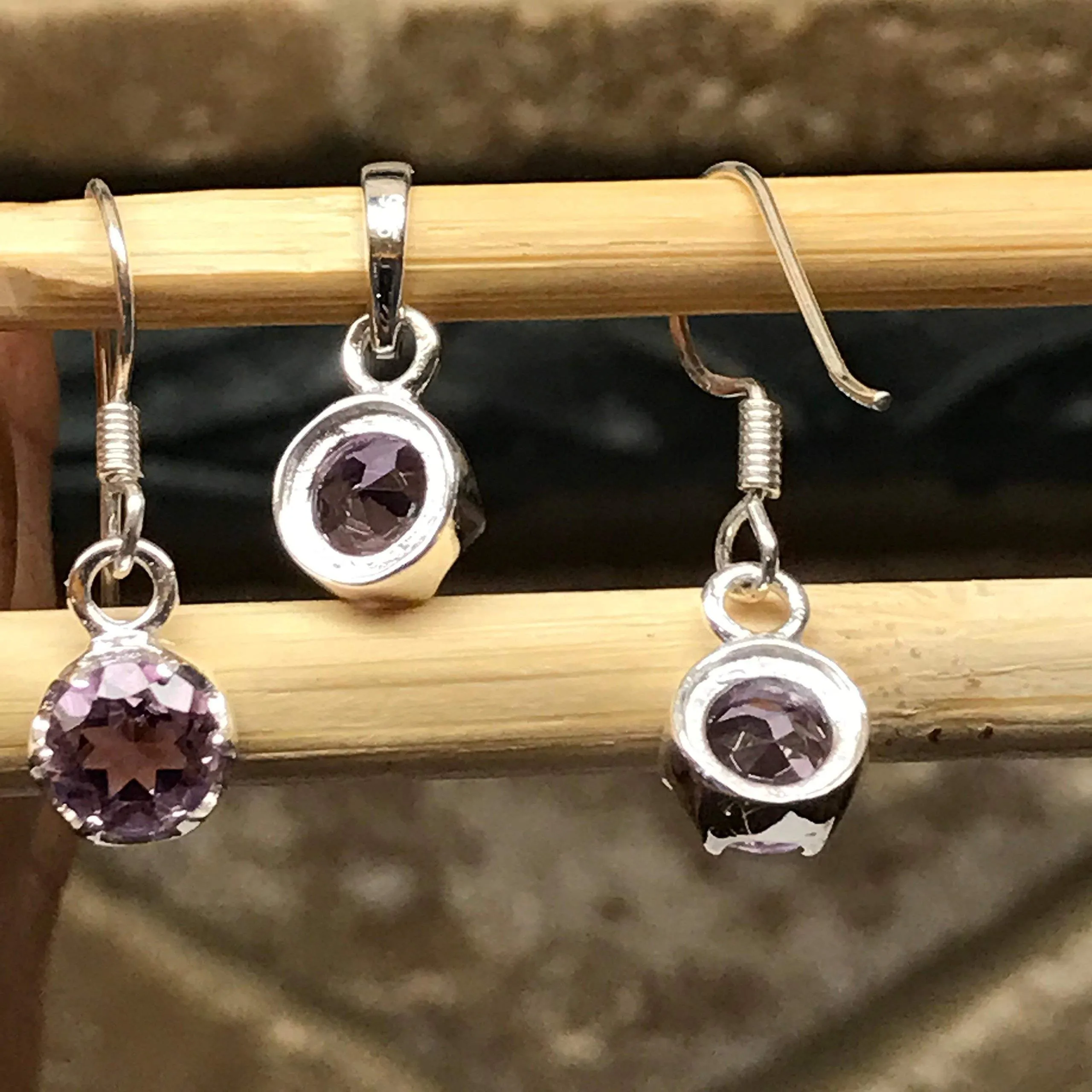 Natural 1.5ct Purple Amethyst 925 Sterling Silver Earrings and Pendant set