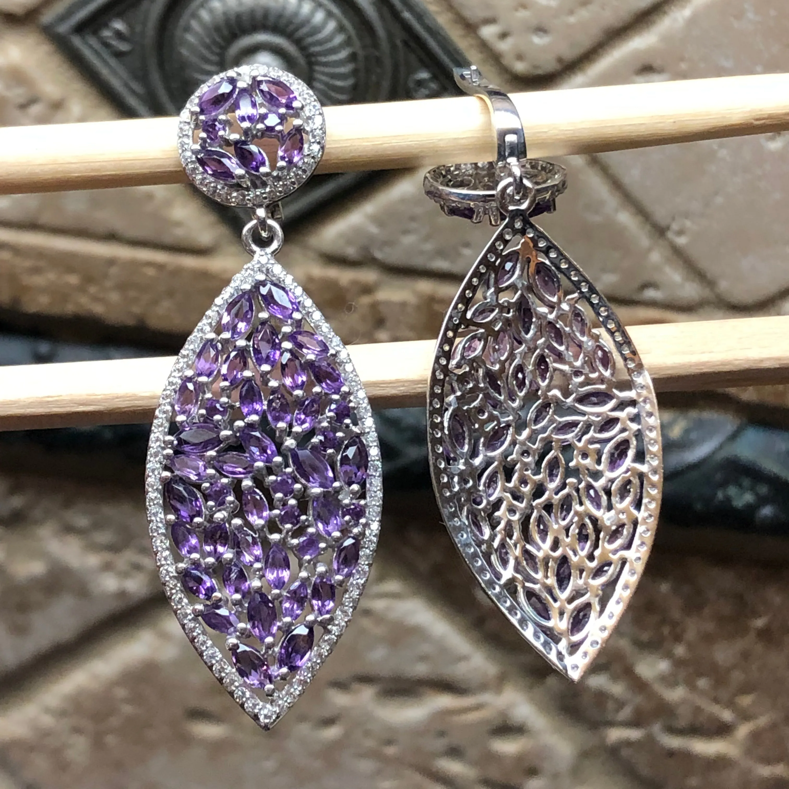 Natural 30ct Purple Amethyst 925 Solid Sterling Silver Earrings 65mm