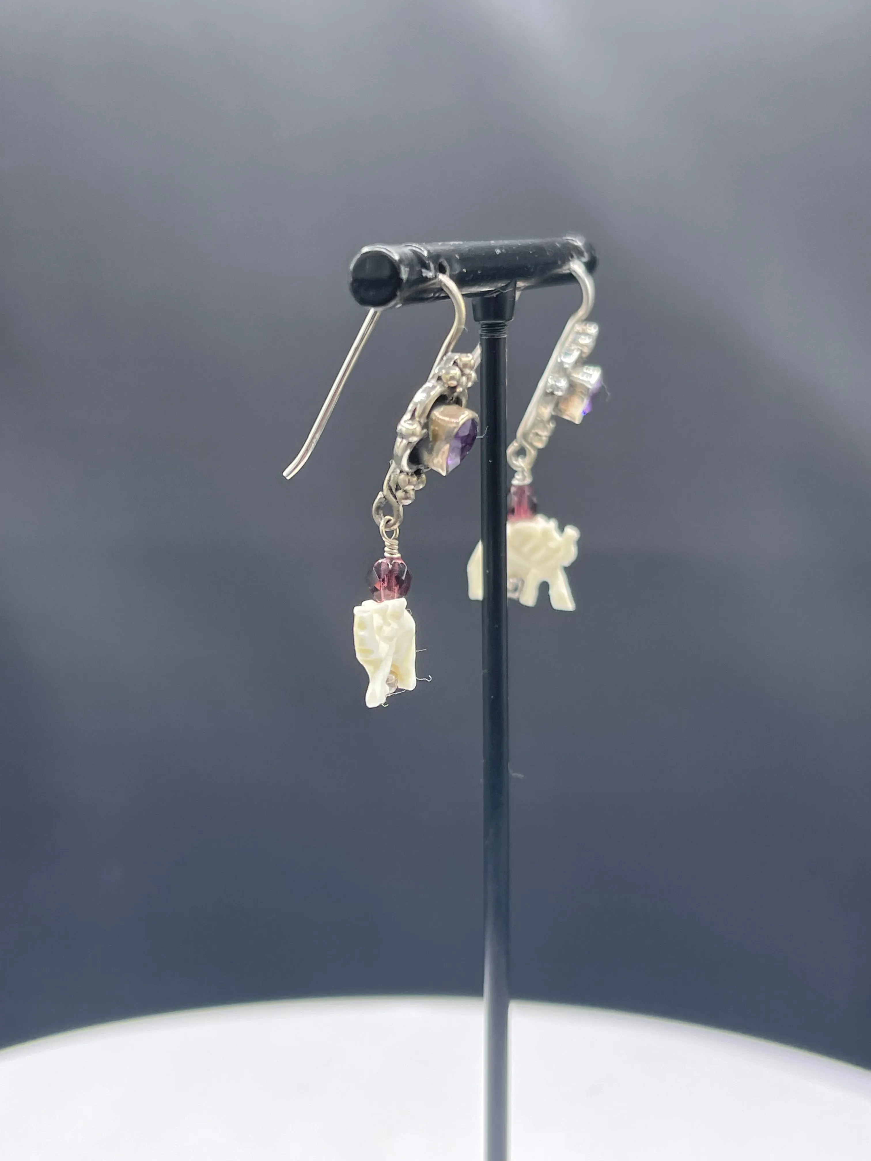 Natural Amethyst & Garnet Ivory Elephant Sterling Silver Dangle Earrings - Handmade, 1.48 Inches