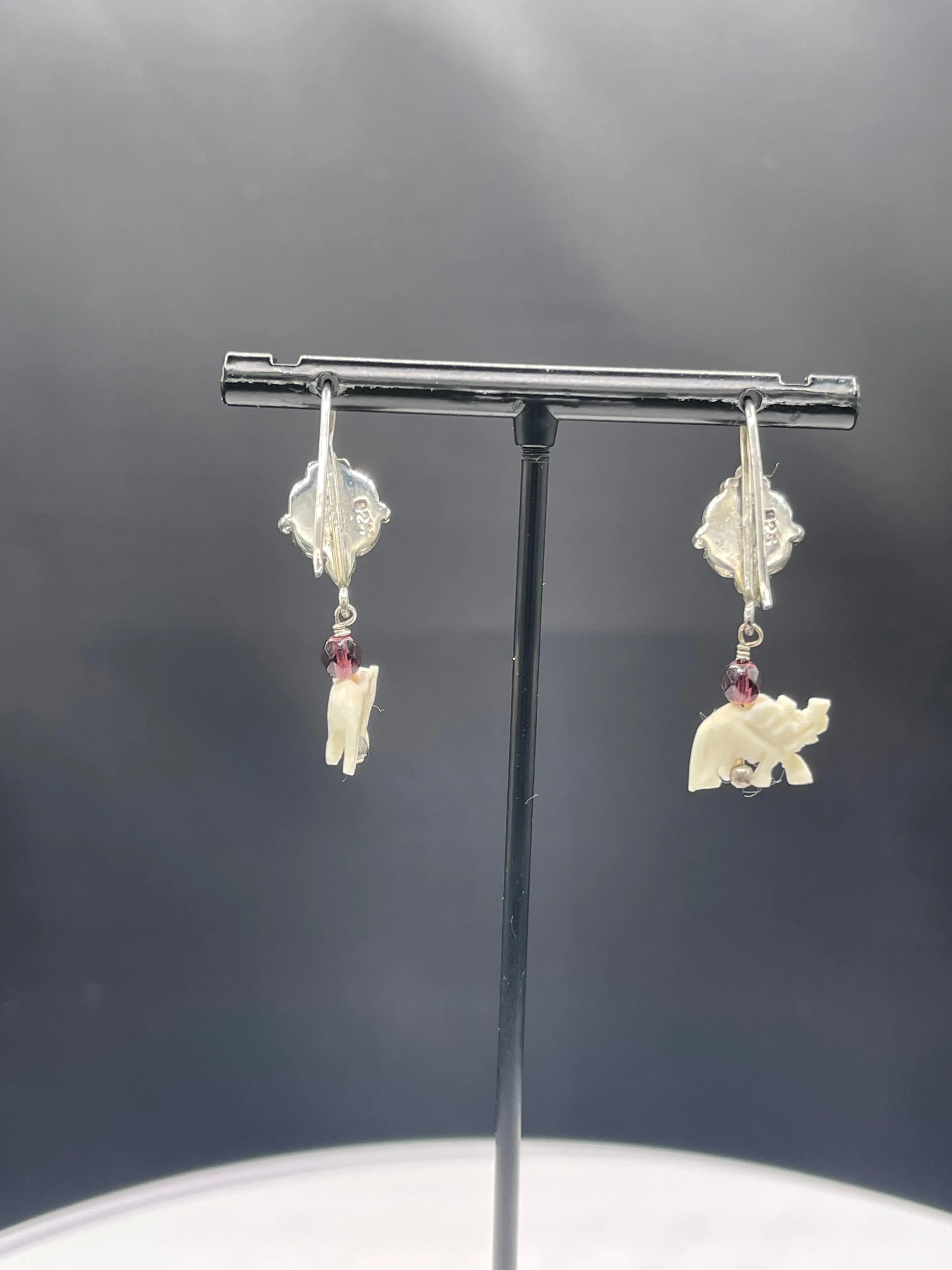 Natural Amethyst & Garnet Ivory Elephant Sterling Silver Dangle Earrings - Handmade, 1.48 Inches