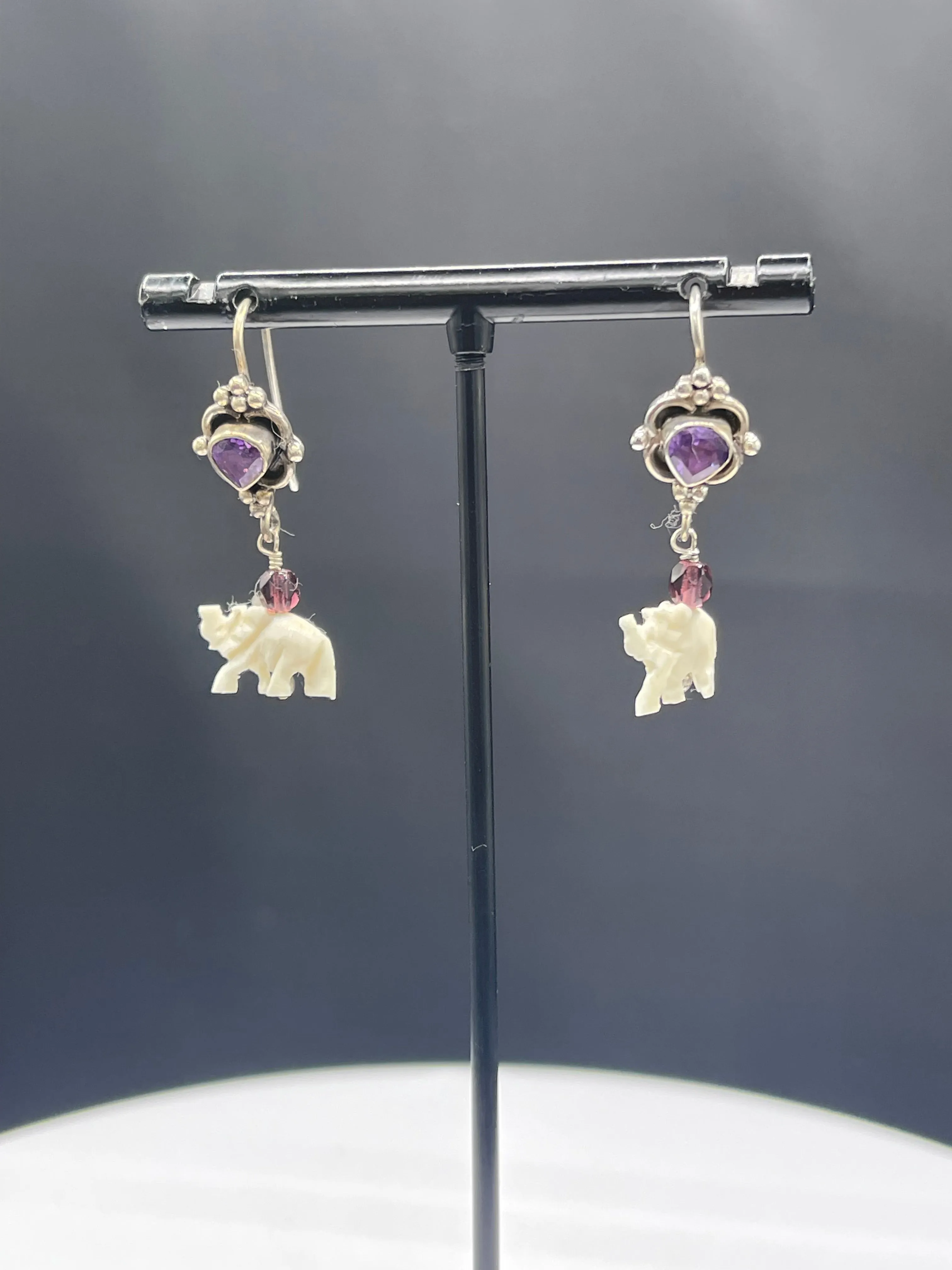 Natural Amethyst & Garnet Ivory Elephant Sterling Silver Dangle Earrings - Handmade, 1.48 Inches