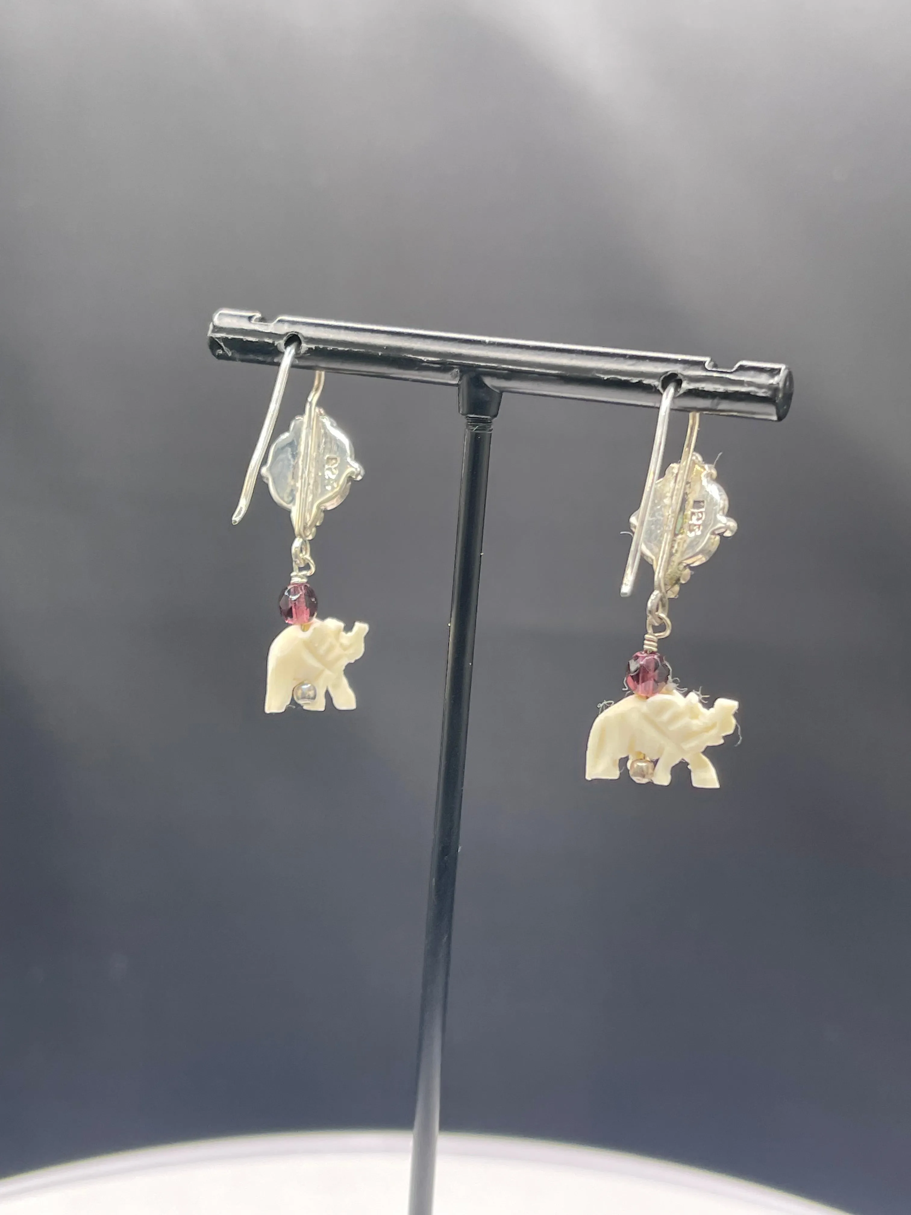 Natural Amethyst & Garnet Ivory Elephant Sterling Silver Dangle Earrings - Handmade, 1.48 Inches