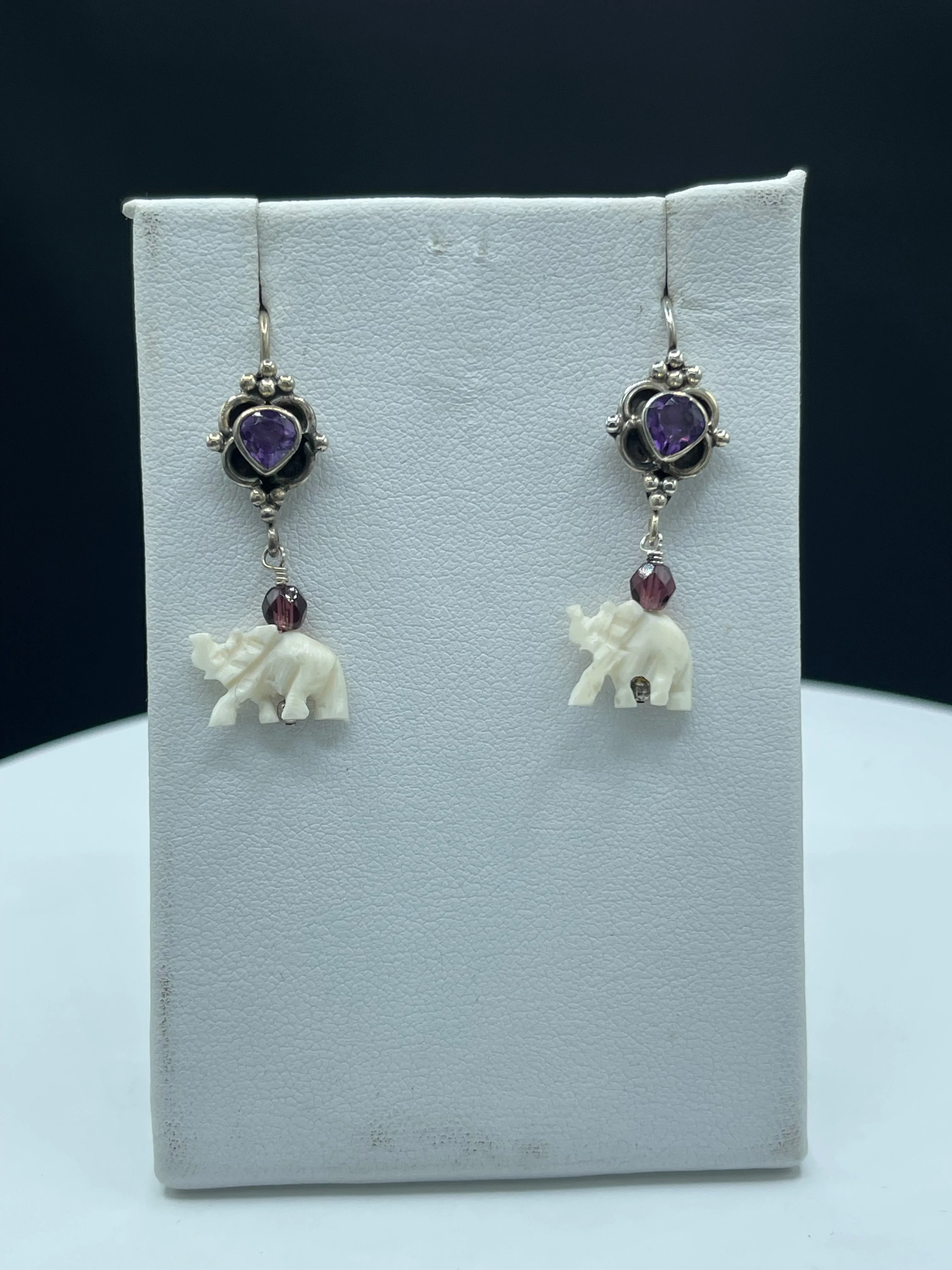 Natural Amethyst & Garnet Ivory Elephant Sterling Silver Dangle Earrings - Handmade, 1.48 Inches