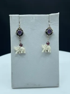 Natural Amethyst & Garnet Ivory Elephant Sterling Silver Dangle Earrings - Handmade, 1.48 Inches