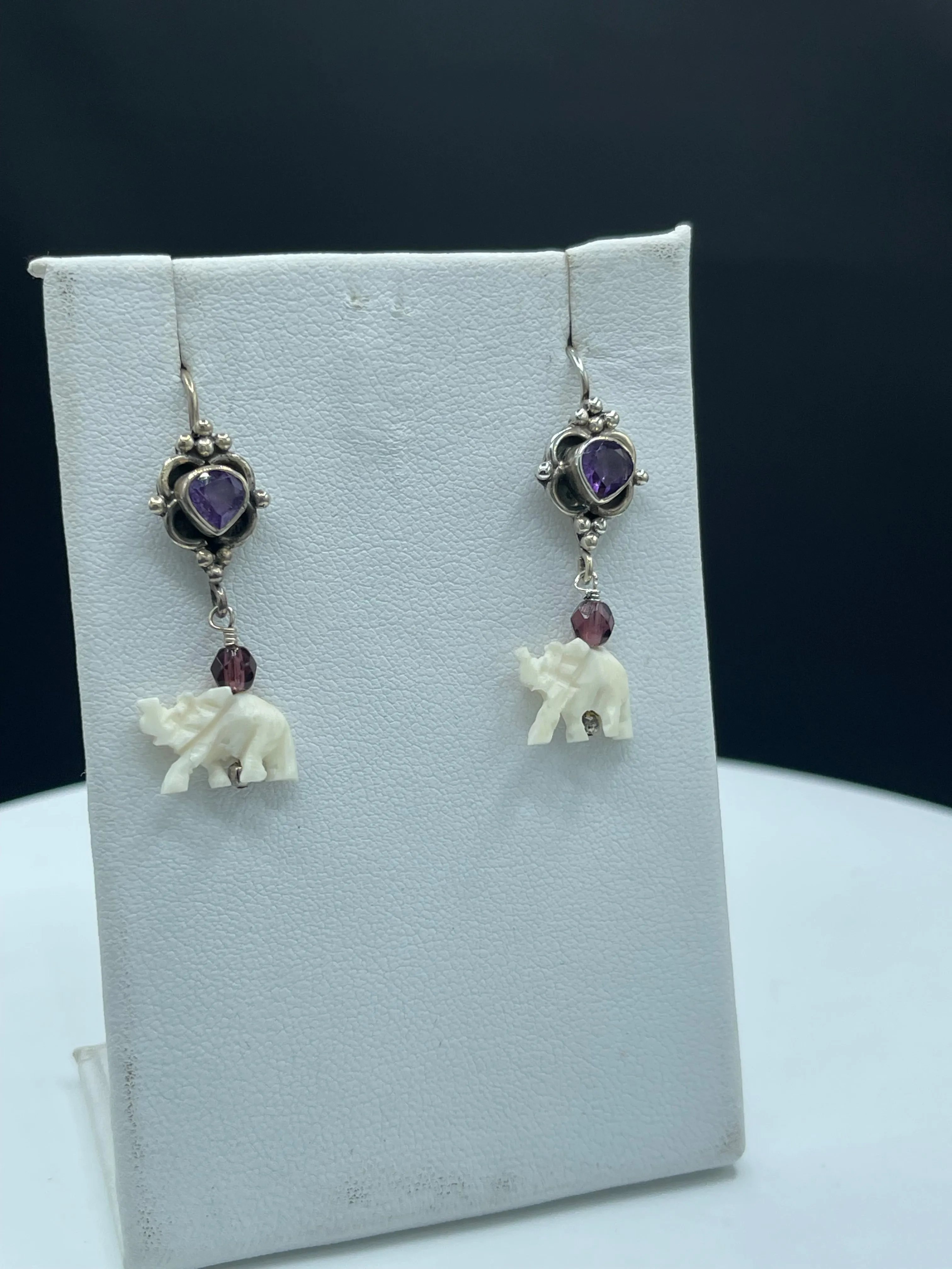 Natural Amethyst & Garnet Ivory Elephant Sterling Silver Dangle Earrings - Handmade, 1.48 Inches