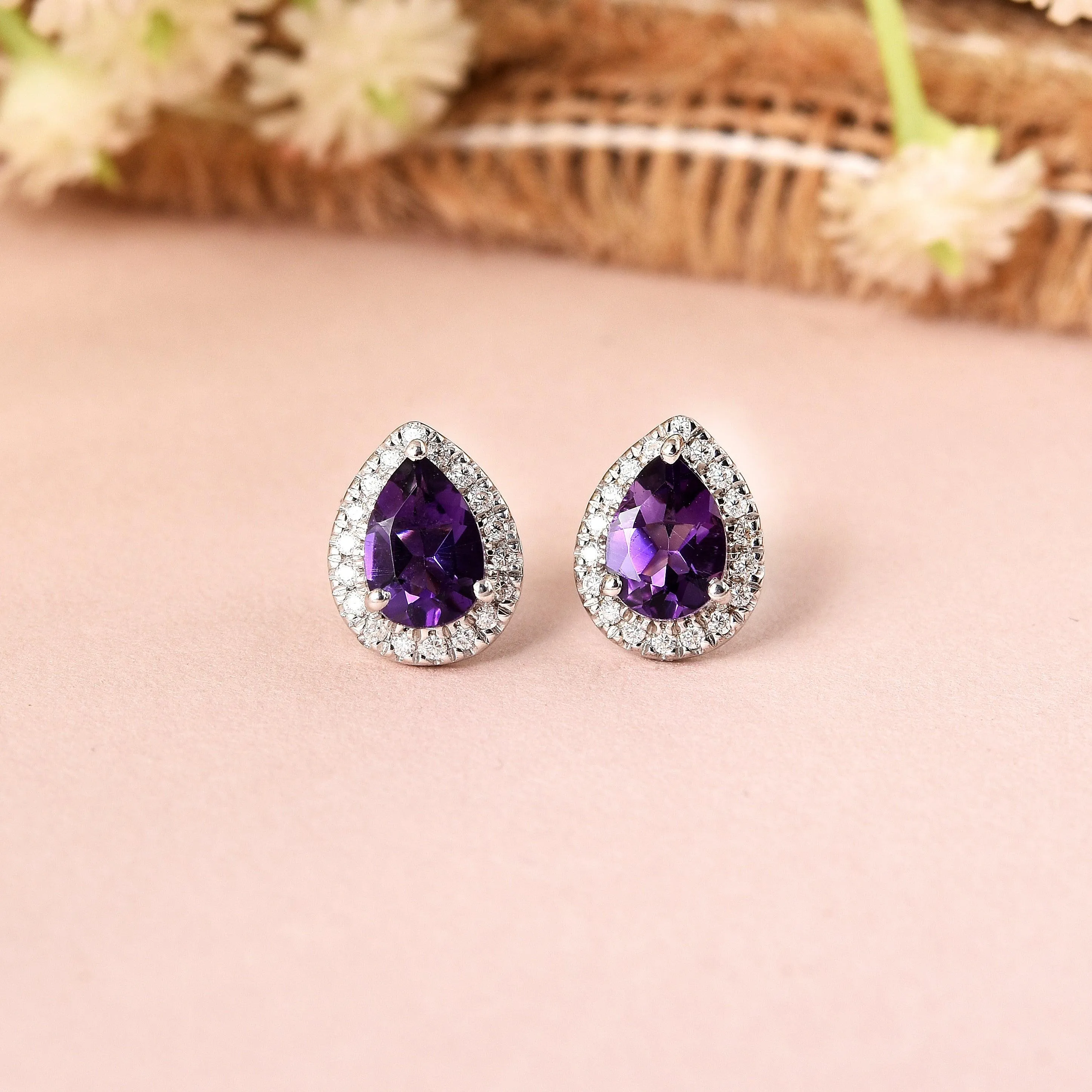Natural Amethyst Teardrop Stud Earrings