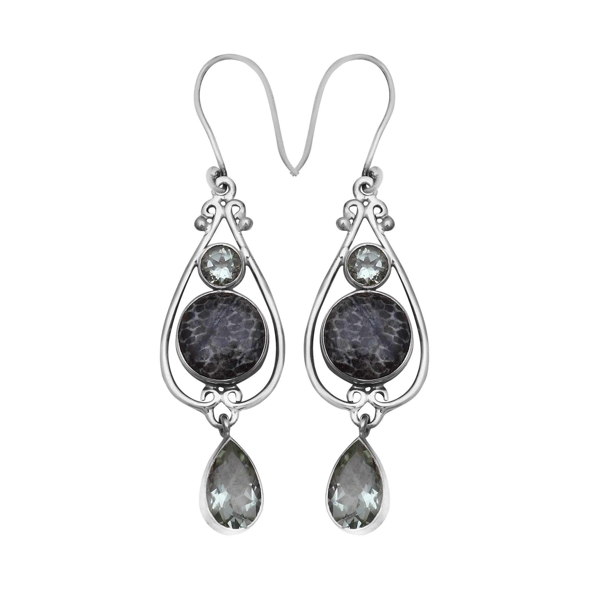 Natural Black Coral Silver Earrings