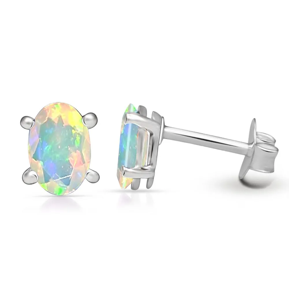Natural Ethiopian Opal 925 Solid Sterling Silver Stud Earrings 7mm