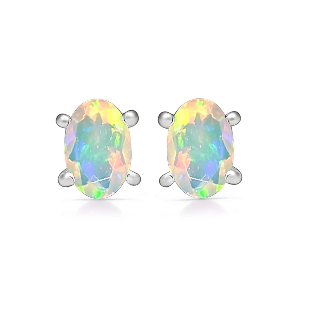 Natural Ethiopian Opal 925 Solid Sterling Silver Stud Earrings 7mm