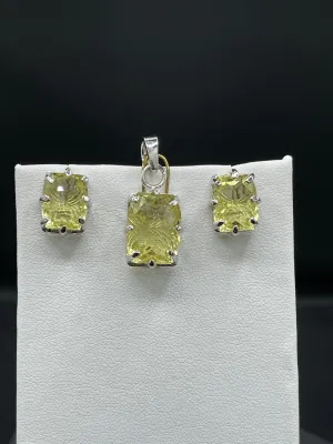 Natural Green Amethyst Sterling Silver Earrings & Pendant Set