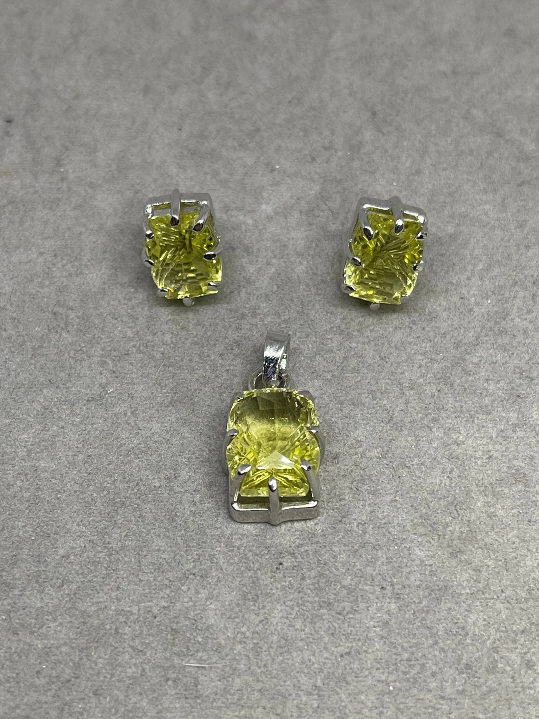 Natural Green Amethyst Sterling Silver Earrings & Pendant Set