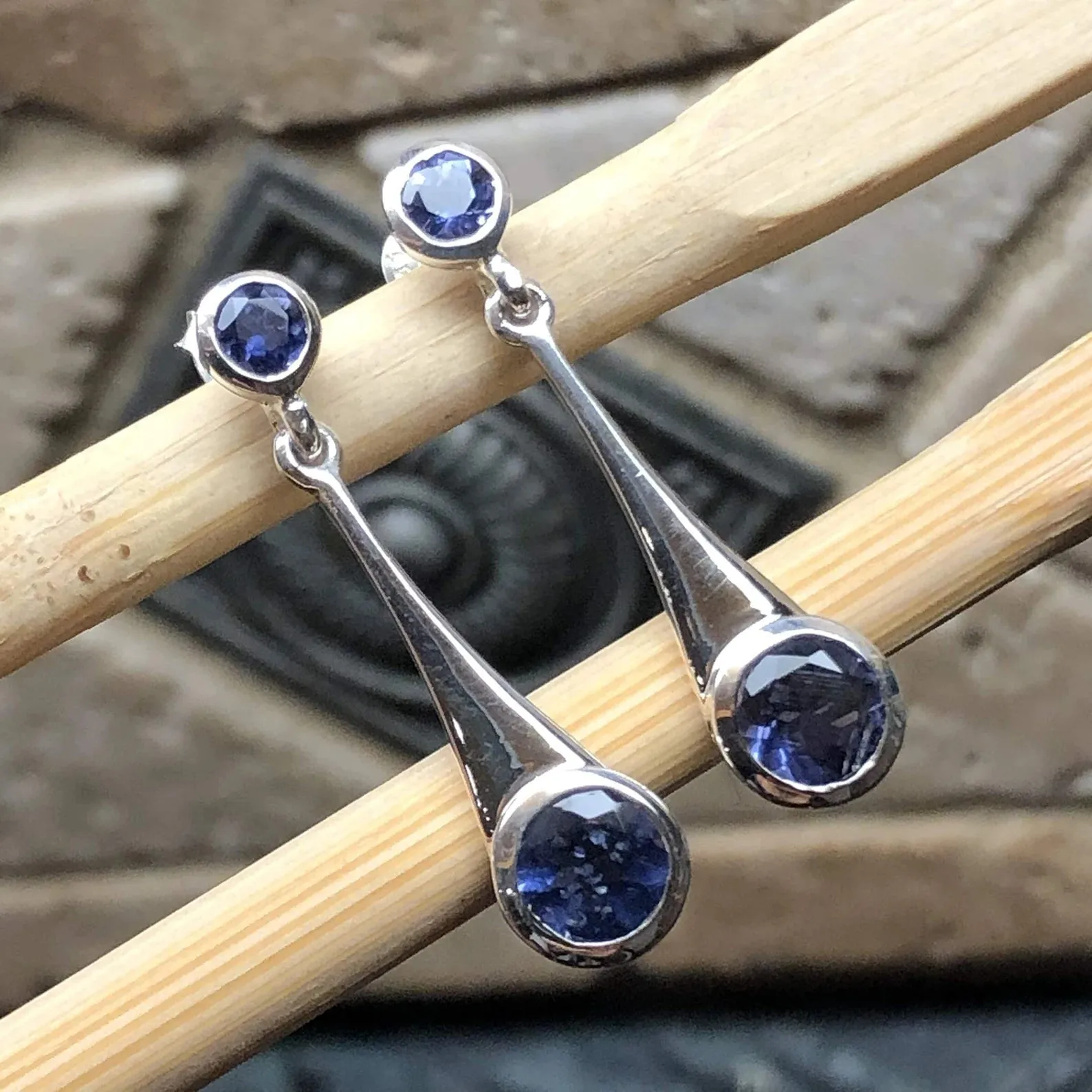 Natural Iolite 925 Solid Sterling Silver Earrings 25mm
