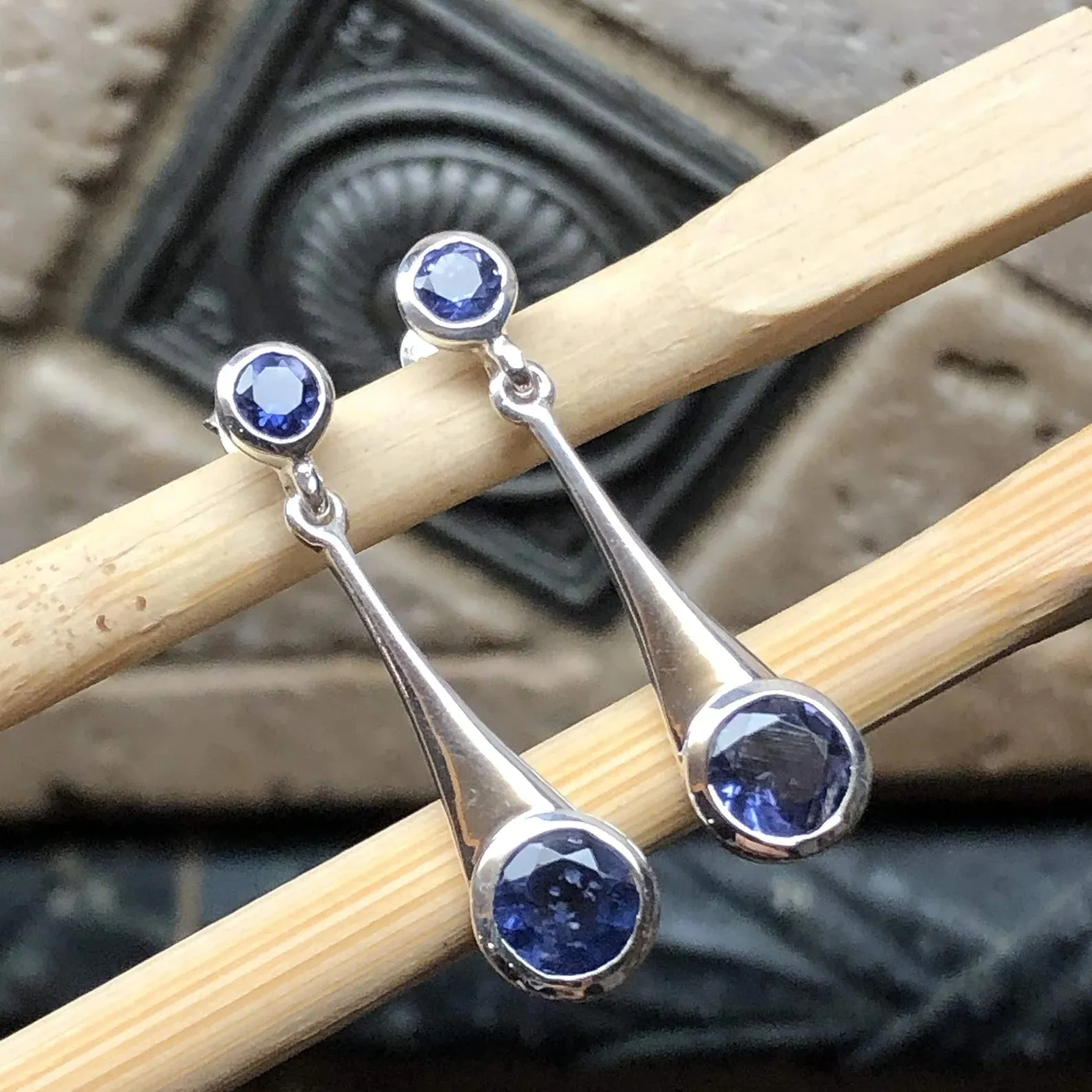 Natural Iolite 925 Solid Sterling Silver Earrings 25mm
