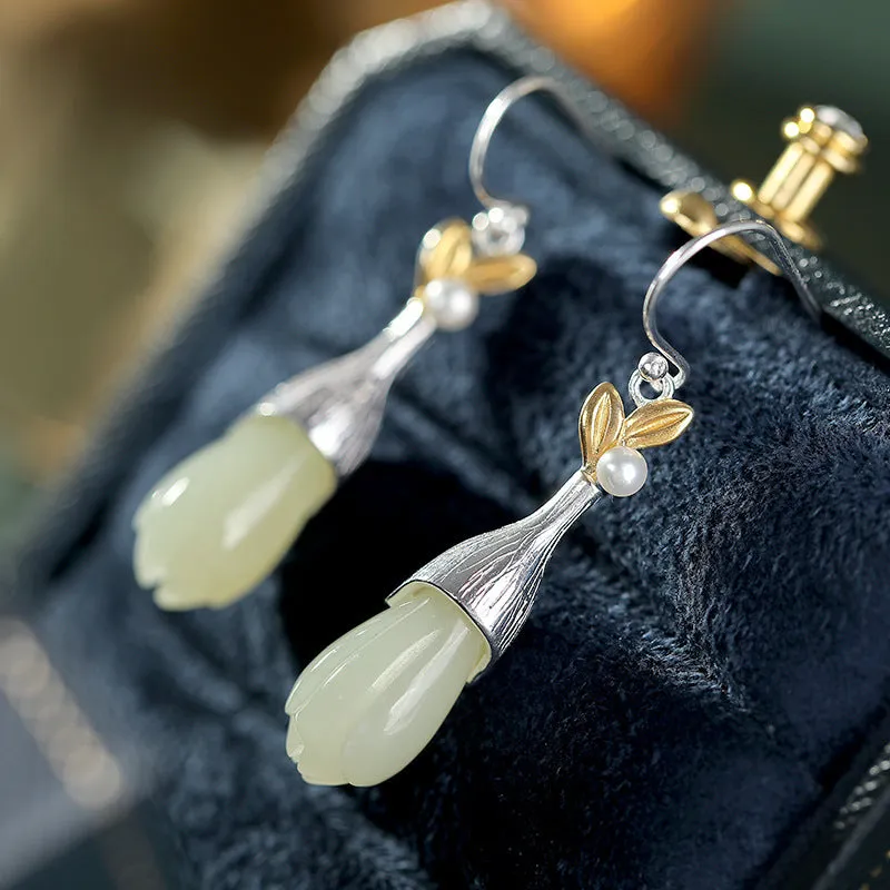 Natural Jade Earrings Nephrite Pearl Silver Earrings ZNE331