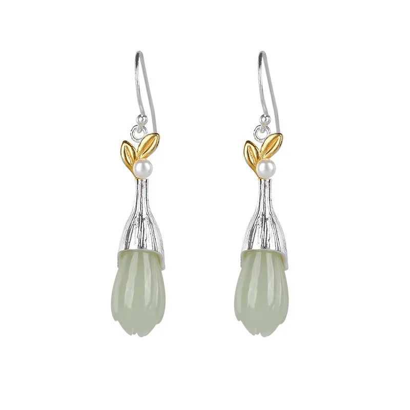 Natural Jade Earrings Nephrite Pearl Silver Earrings ZNE331
