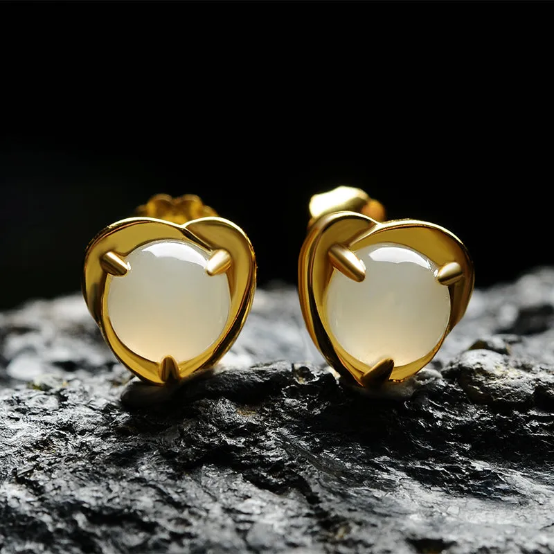 Natural Jade Earrings Nephrite Silver Heart-shaped Earrings WE32
