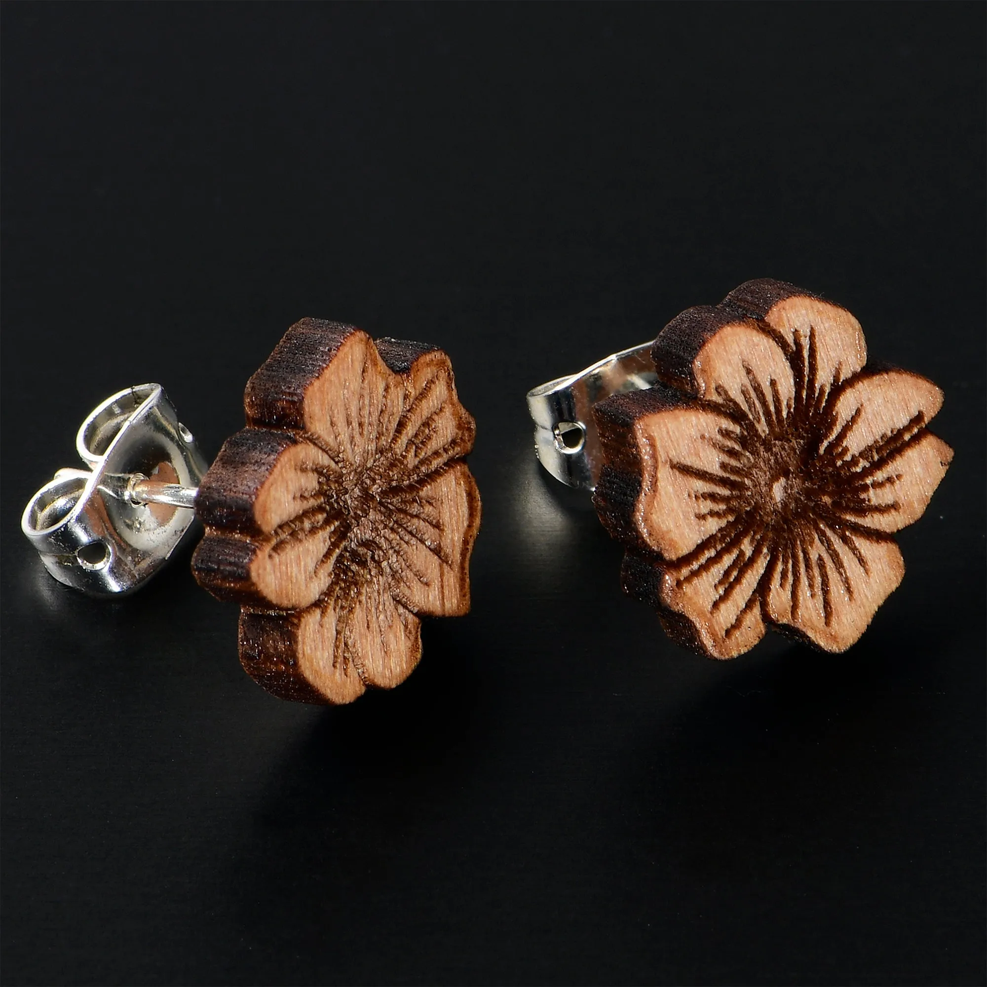 Natural Maple Wood Spring Flowers Stud Earrings