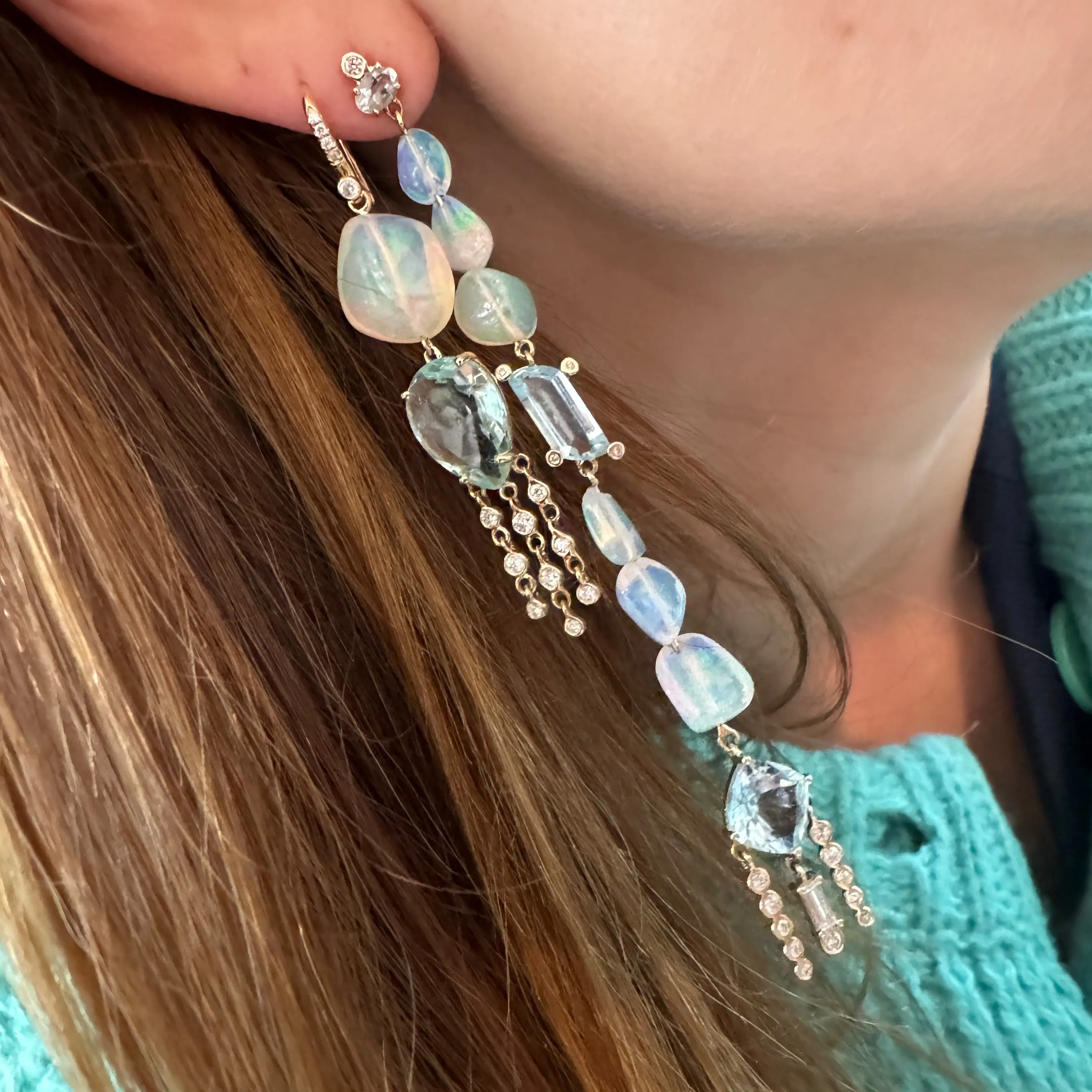 One of a Kind Aquamarine & Opal Diamond Shoulder Duster Earrings