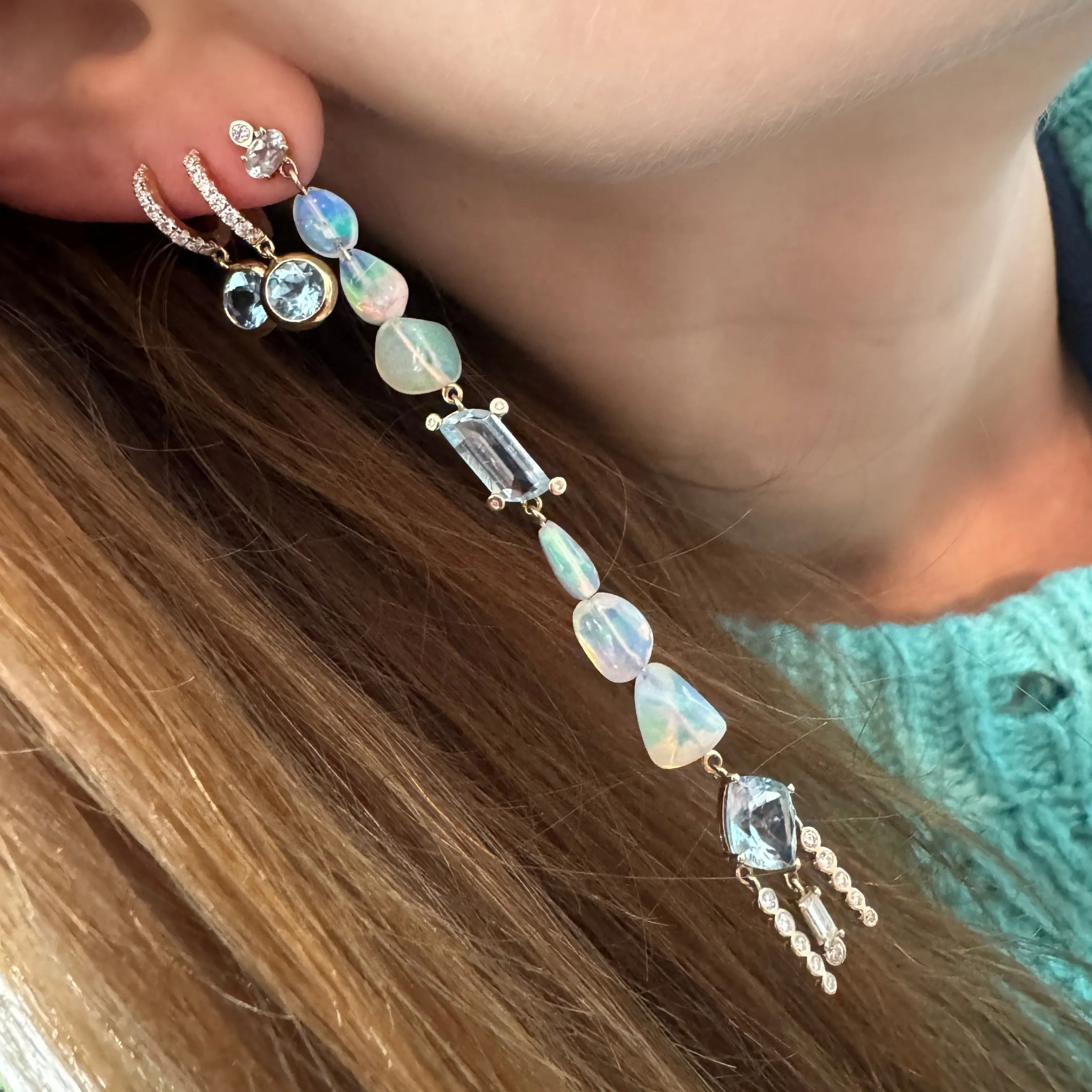 One of a Kind Aquamarine & Opal Diamond Shoulder Duster Earrings