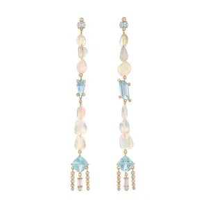 One of a Kind Aquamarine & Opal Diamond Shoulder Duster Earrings