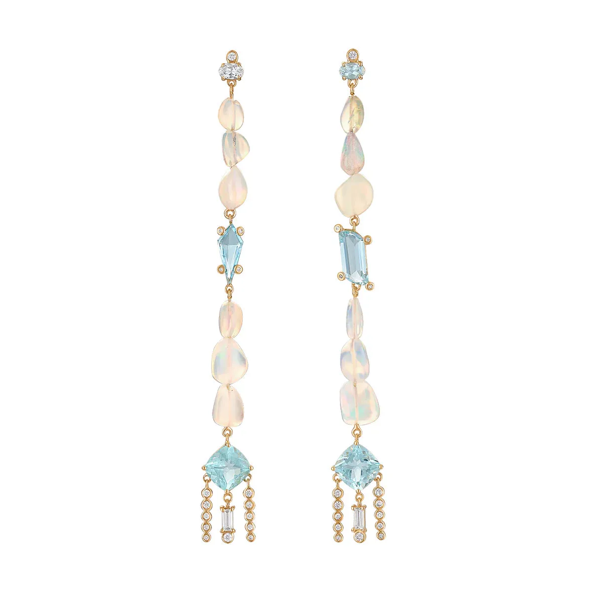 One of a Kind Aquamarine & Opal Diamond Shoulder Duster Earrings