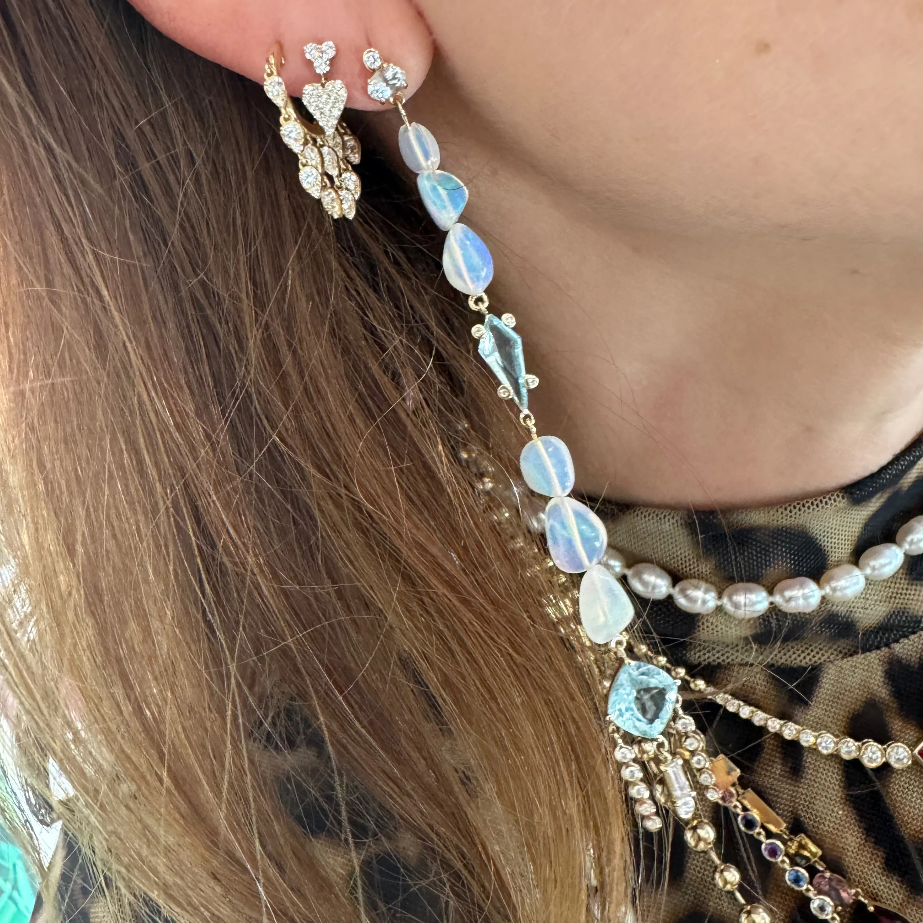 One of a Kind Aquamarine & Opal Diamond Shoulder Duster Earrings