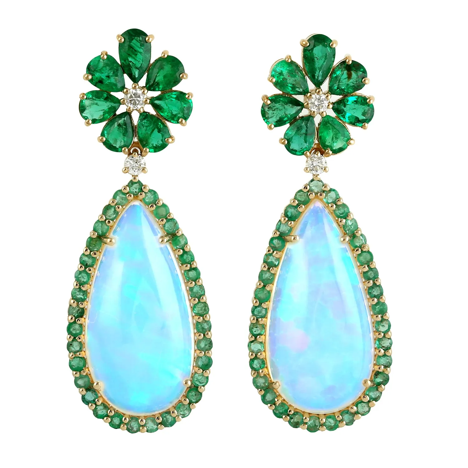 Opal Ethiopian Pear Cut Emerald Prong Diamond Drop Dangler In Yellow Gold