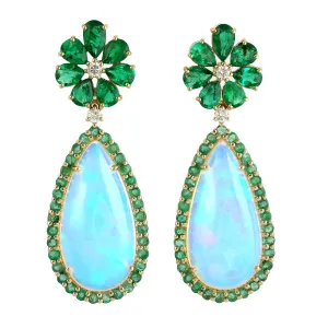 Opal Ethiopian Pear Cut Emerald Prong Diamond Drop Dangler In Yellow Gold