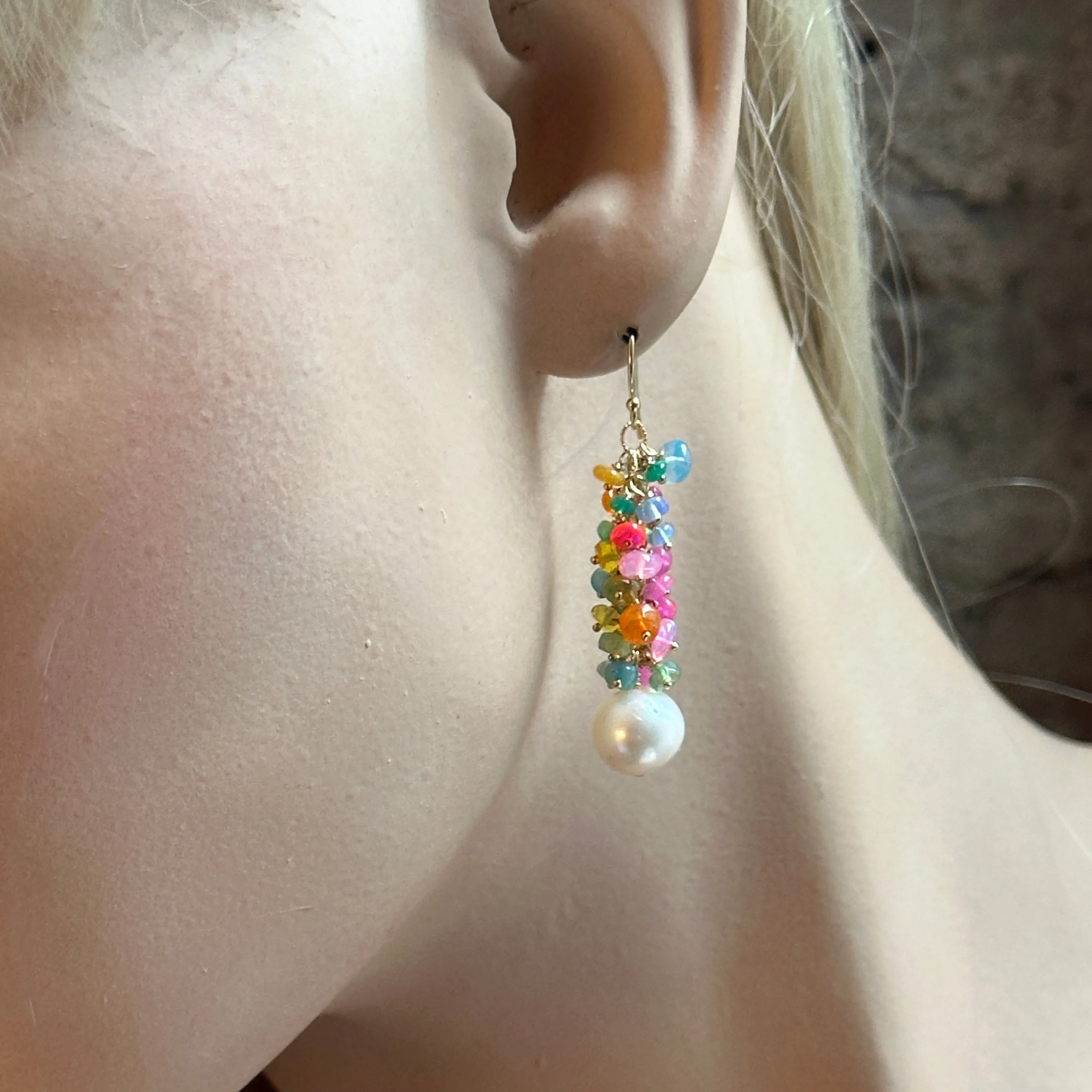 Opals with White Pearl Gold Earrings