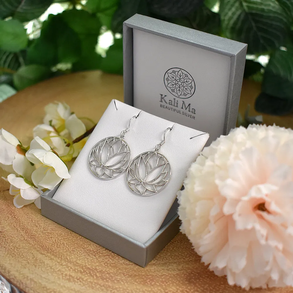 Open circle earrings with lotus flower