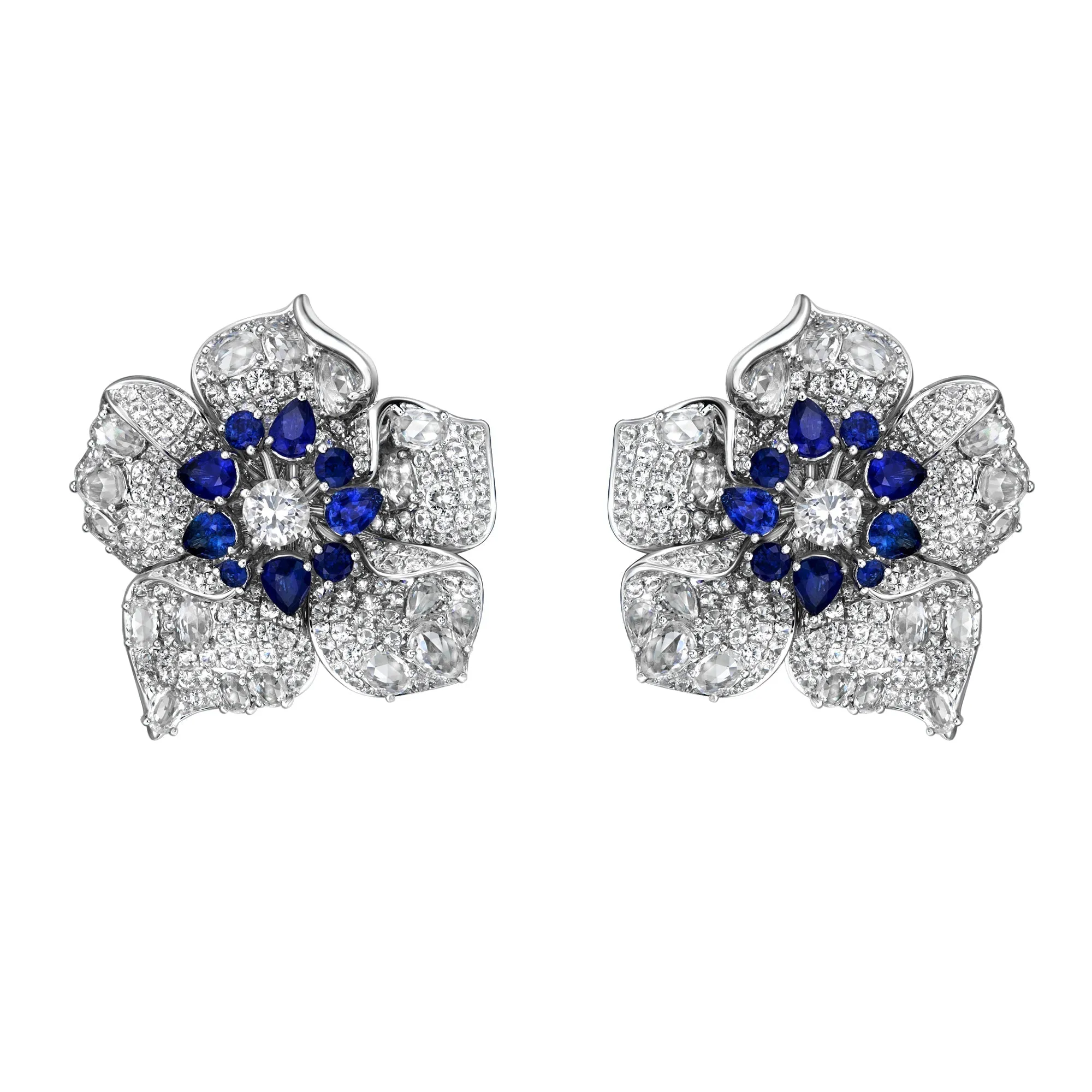 Orchidia Blue and White Sapphire Flower Earrings