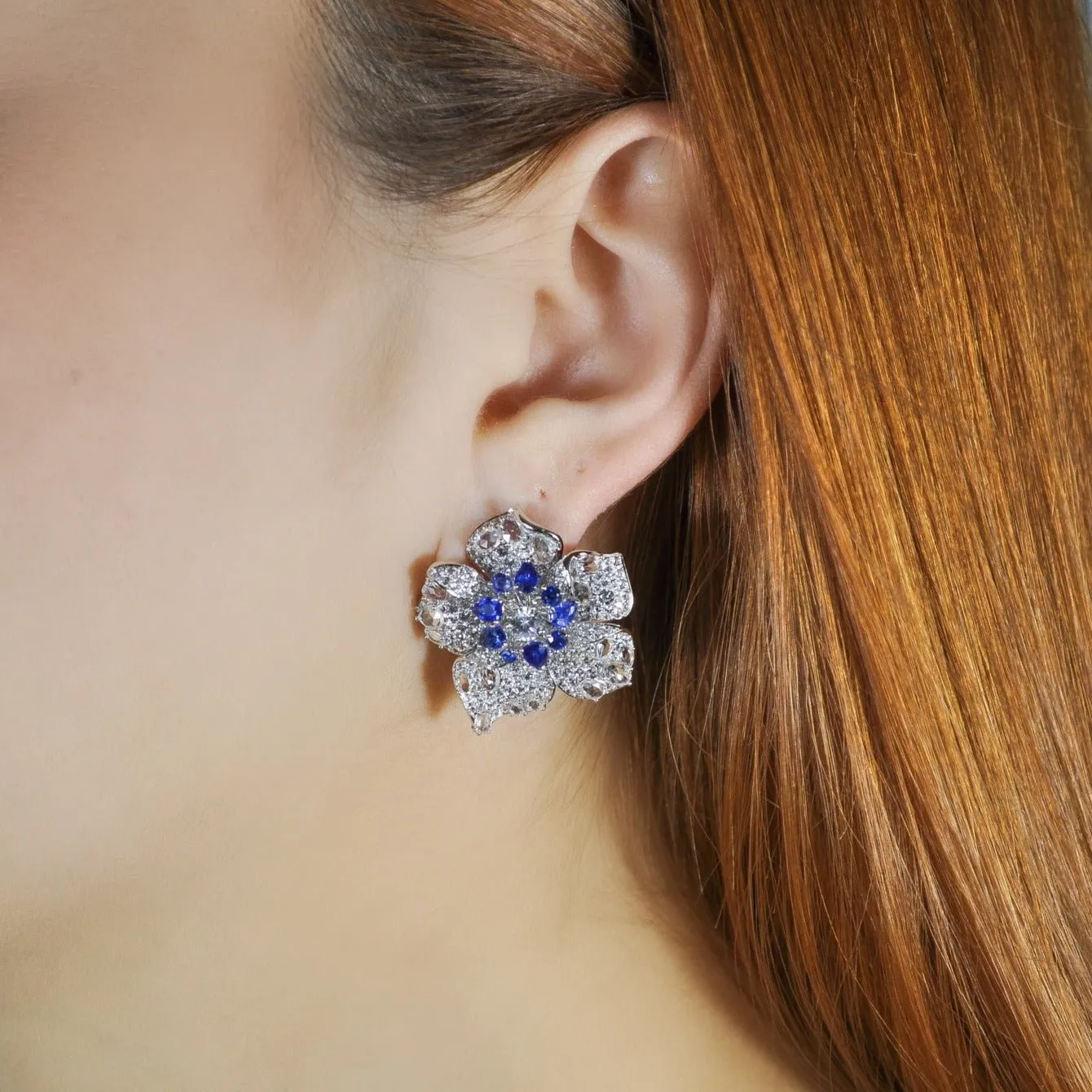 Orchidia Blue and White Sapphire Flower Earrings
