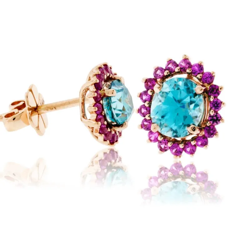 Oval Blue Zircon & Pink Sapphire Classic Halo Post Earrings
