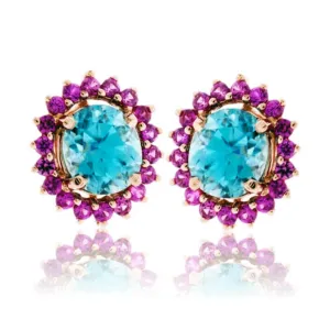 Oval Blue Zircon & Pink Sapphire Classic Halo Post Earrings