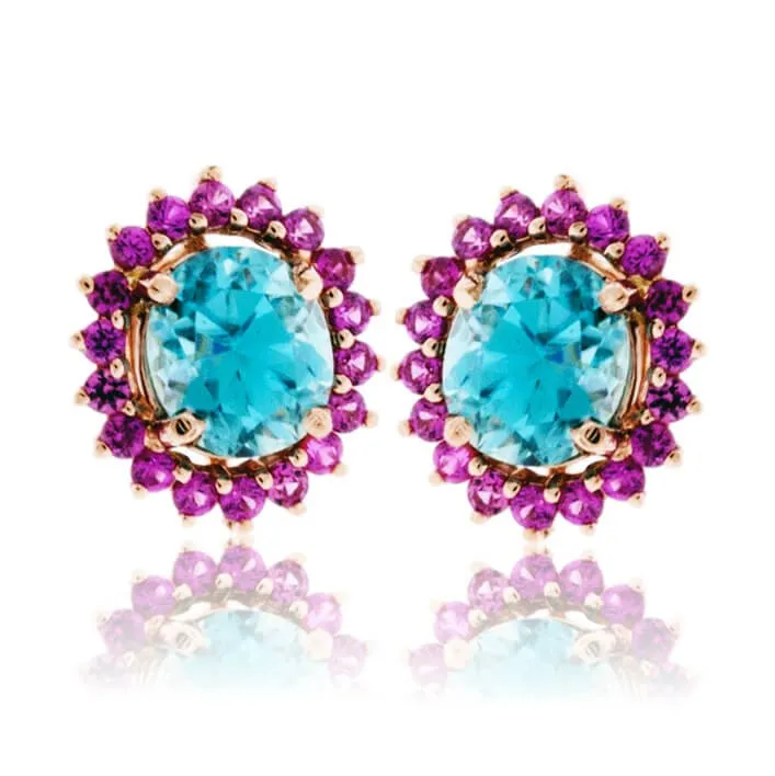 Oval Blue Zircon & Pink Sapphire Classic Halo Post Earrings