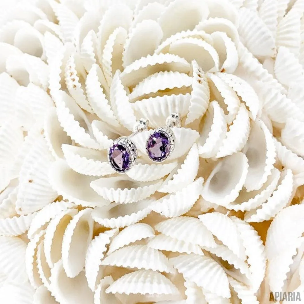 Oval Faceted Purple Amethyst Stud Earrings