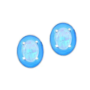 Oval-shaped Opal Blue Enamel Stud Earrings