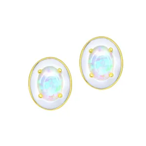 Oval-shaped Opal White Enamel Stud Earrings