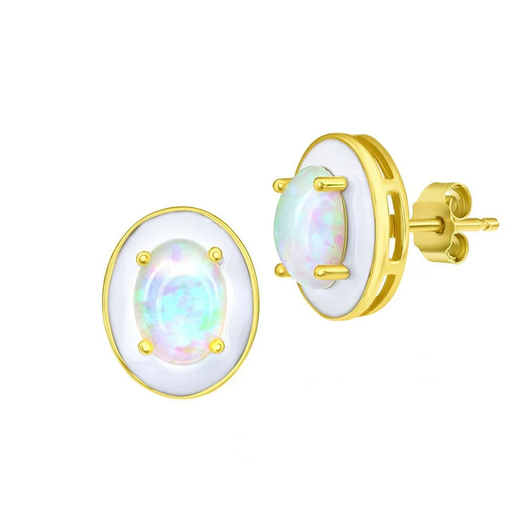 Oval-shaped Opal White Enamel Stud Earrings