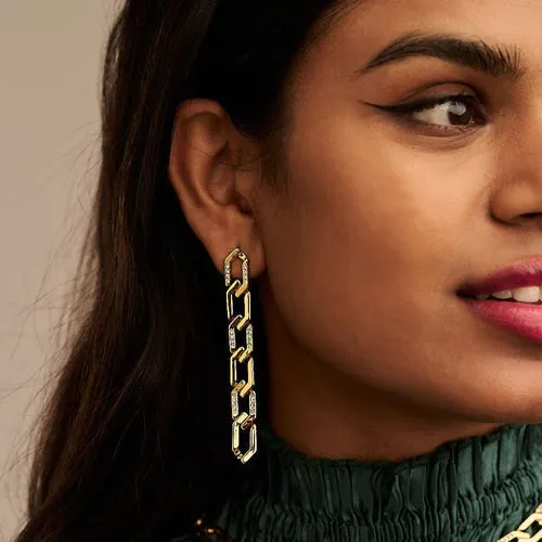 Pave & Metal Chain Link Earrings - Gold