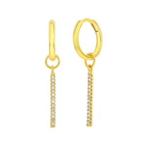 Pave CZ Vertical Bar Charm Huggie Earrings