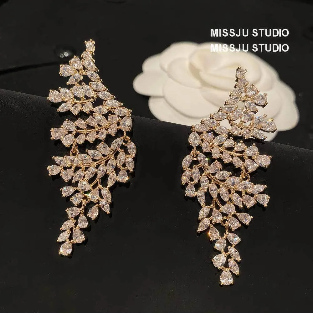 Paved crystals leaf Deco Gold Statement Earrings