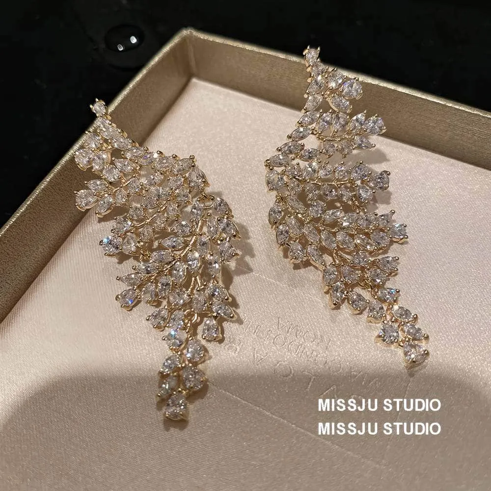 Paved crystals leaf Deco Gold Statement Earrings