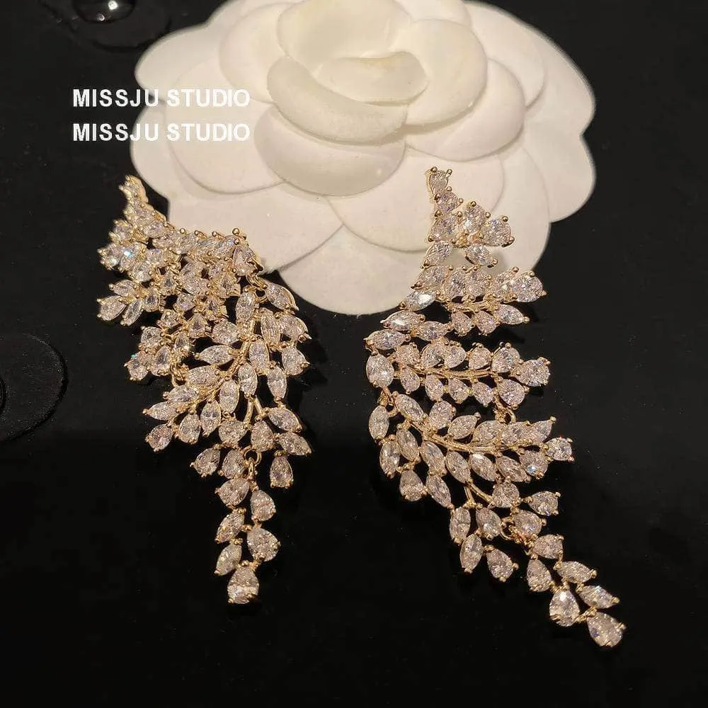 Paved crystals leaf Deco Gold Statement Earrings