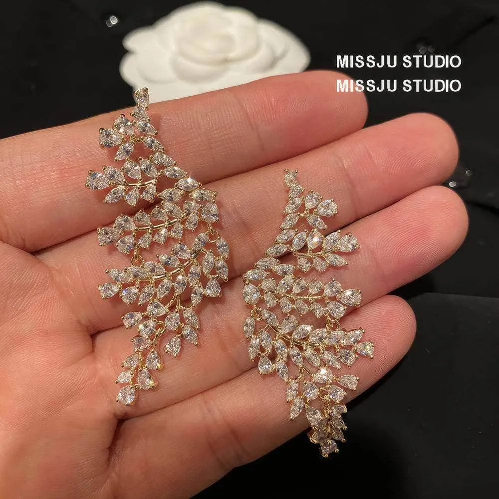 Paved crystals leaf Deco Gold Statement Earrings