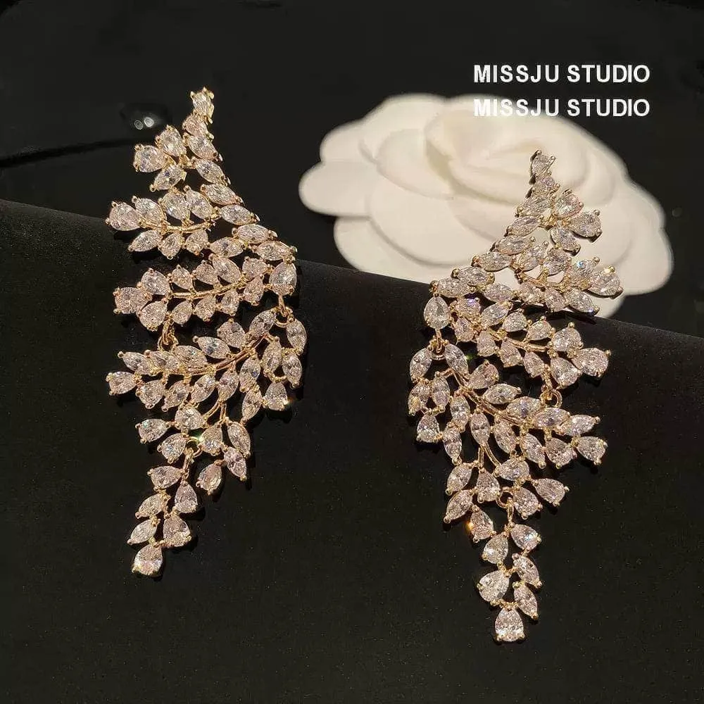 Paved crystals leaf Deco Gold Statement Earrings