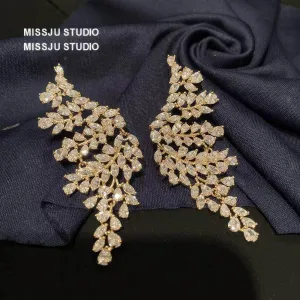 Paved crystals leaf Deco Gold Statement Earrings