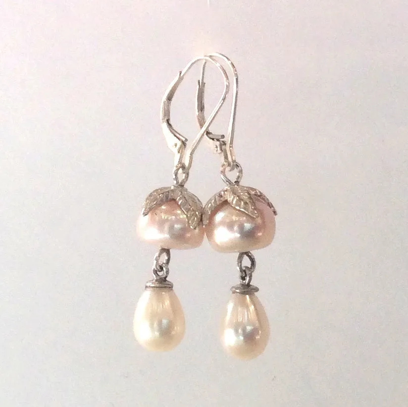 Peach Pearl Dangle Drop Earrings - All Night Long.
