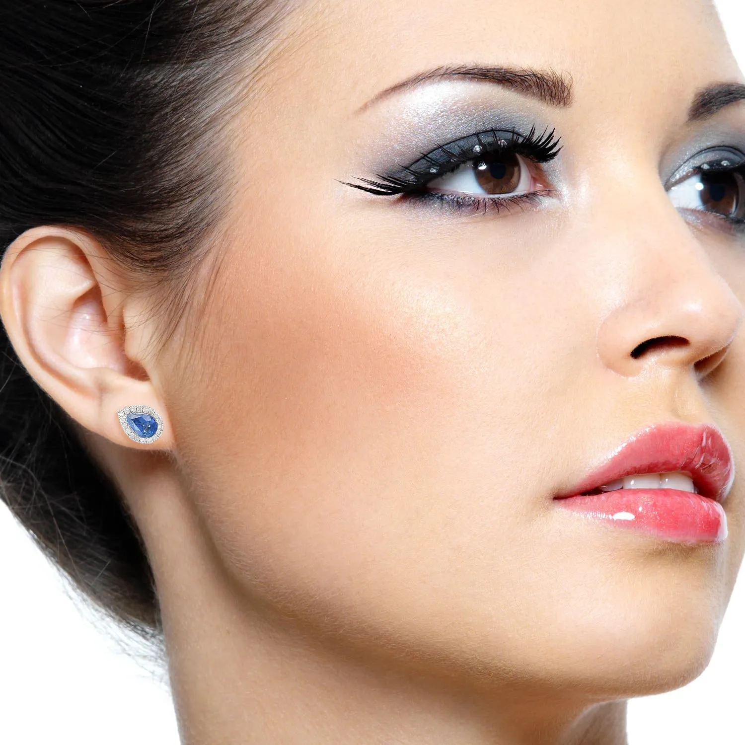 Pear Cut Blue Sapphire Pave Diamond Stud Earrings In 18k White Gold